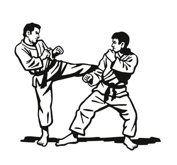 Vector illustration of Two Men Practicing Karate