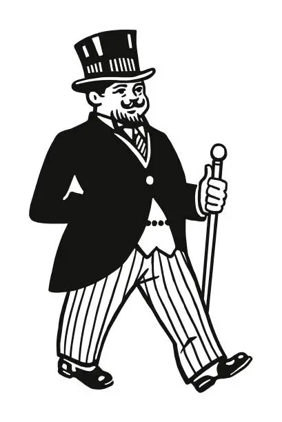 Vector illustration of Walking Man Wearing Tuxedo and Top Hat