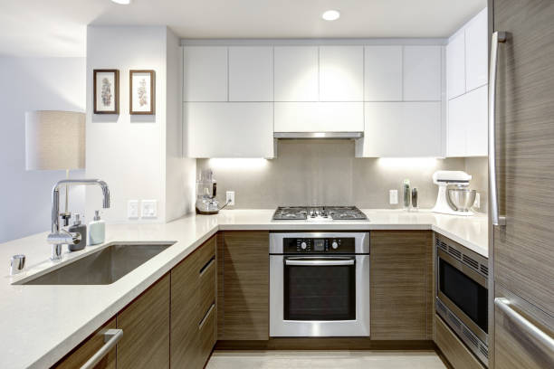 istock Modern style kitchen with wood paneled refrigerator. 1003195548