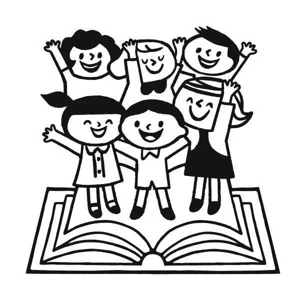 Vector illustration of Happy Children Standing On Open Book