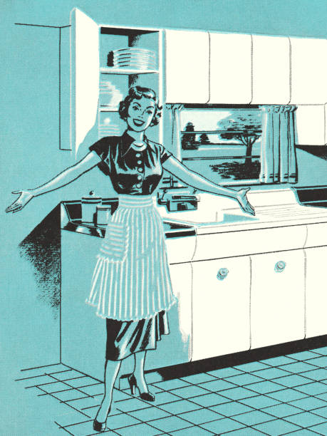 ilustrações, clipart, desenhos animados e ícones de dona de casa na cozinha - home interior women domestic kitchen cabinet