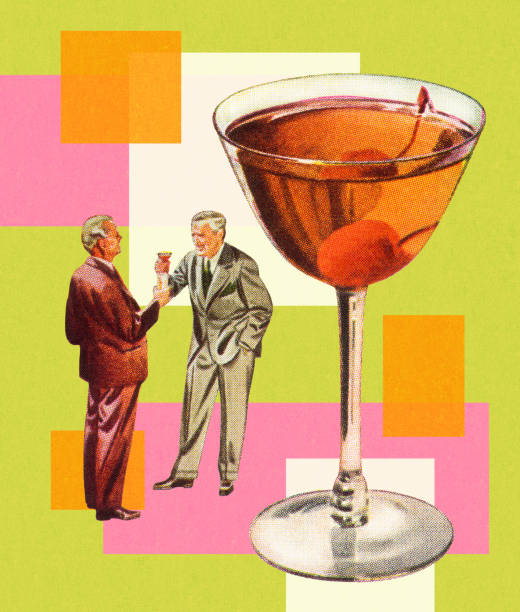 illustrazioni stock, clip art, cartoni animati e icone di tendenza di due uomini d'affari e un cocktail - manhattan