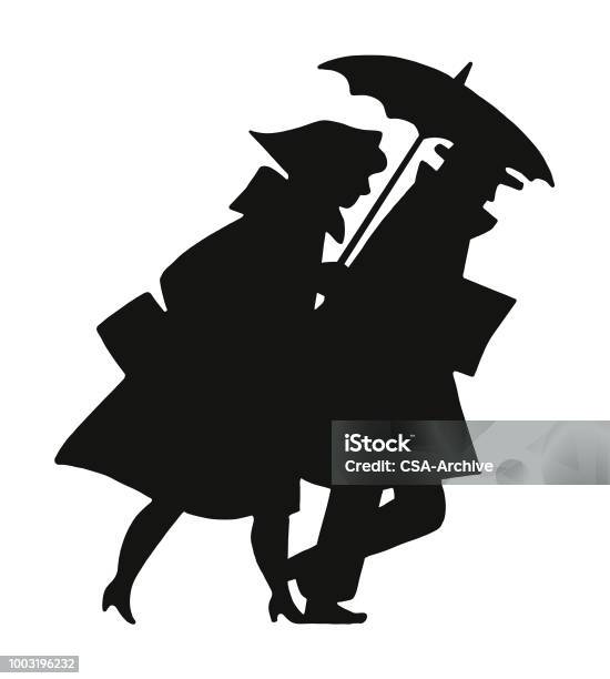 Couple With Umbrella Walking Against The Wind Stock Illustration - Download Image Now - Adult, Black And White, Clothing