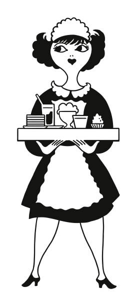 ilustrações de stock, clip art, desenhos animados e ícones de waitress carrying tray of food - waitress stereotypical homemaker black and white service