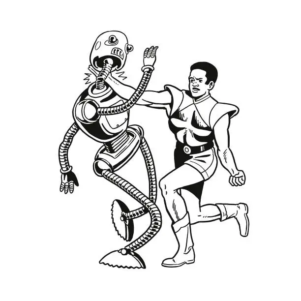 Vector illustration of Man Fighting an Alien Robot