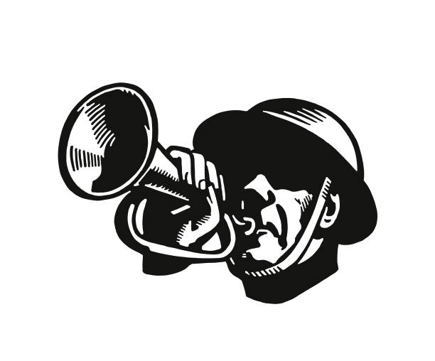 ilustraciones, imágenes clip art, dibujos animados e iconos de stock de soldado tocando una corneta - bugle