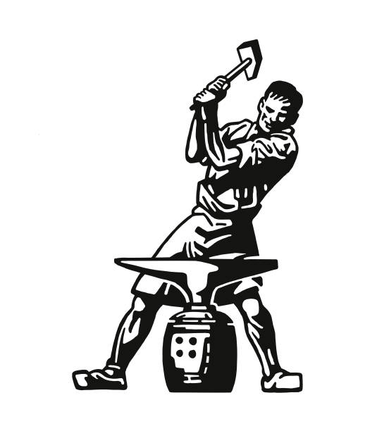 Man Hammering on an Anvil Man Hammering on an Anvil metal stud stock illustrations