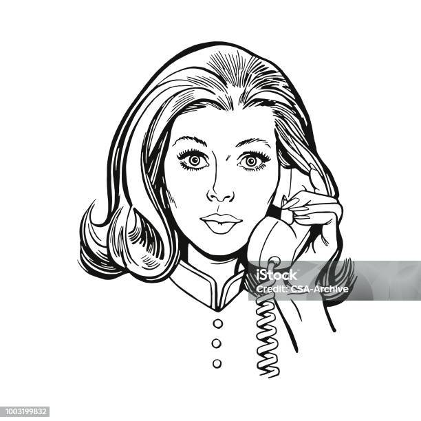 Woman Listening To The Telephone Stock Illustration - Download Image Now - One Woman Only, Women, Black And White