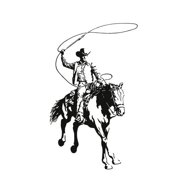 말을 타고 올가미와 카우보이 - horseback riding illustrations stock illustrations