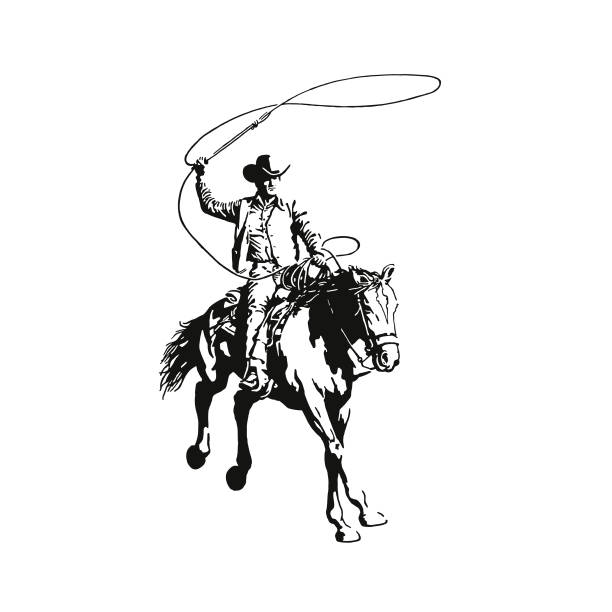 ilustrações de stock, clip art, desenhos animados e ícones de cowboy with a lasso riding a horse - horseback riding illustrations