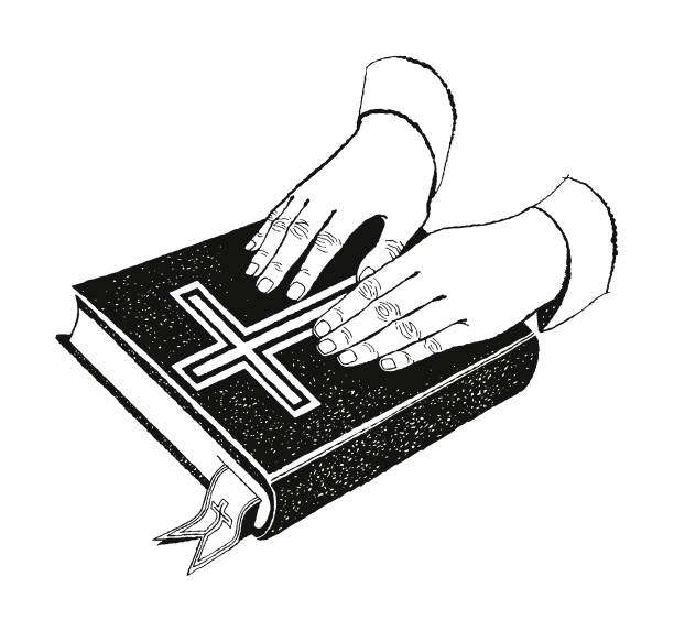illustrazioni stock, clip art, cartoni animati e icone di tendenza di mani su una bibbia - cristianesimo illustrazioni