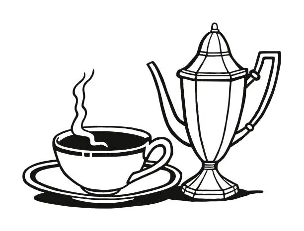 Vector illustration of Coffee Cup and Saucer and Coffee Pot