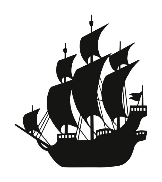 ilustrações de stock, clip art, desenhos animados e ícones de silhouette of a pirate ship - sea water single object sailboat