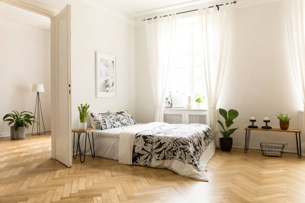 istock Plant on table next to bed in white open space interior with window and poster. Real photo 1003210048