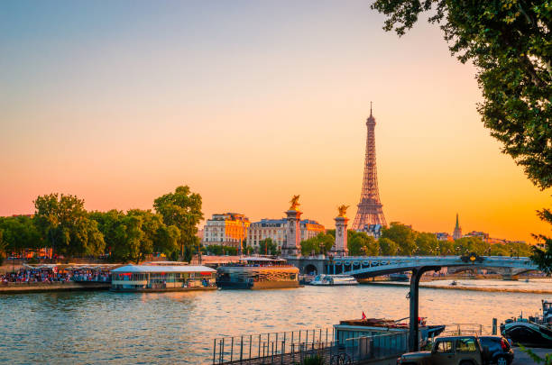 вид на эйфелеву башню, мост александра iii и реку сейна в париже, франция. - paris france panoramic seine river bridge стоковые фото и изображения