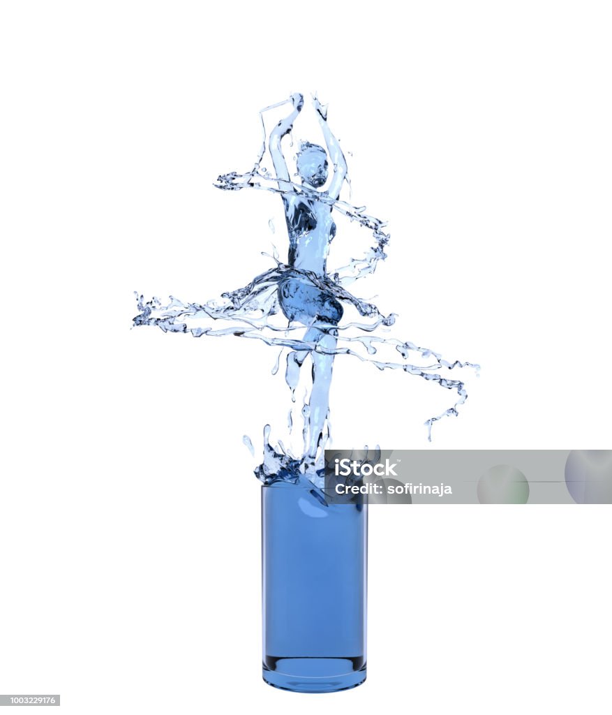 Liquid splash of blue fresh water in woman or girl dancing ballerina form, isolated on white background. Liquid splash of blue fresh water in woman or girl dancing ballerina form, isolated on white background, design concept, 3d rendering illustration. Water Stock Photo