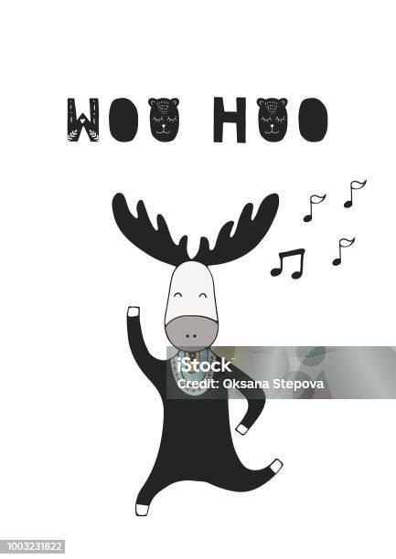 Cute Hand Drawn Nursery Birthday Poster With Dancing Moose And Cut Out Lettering In Scandinavian Style Stock Illustration - Download Image Now