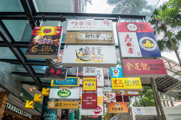 Various types of Lot 10 Hutong Food Court's signage hanging outside the Lot 10 shopping mall. stock photo