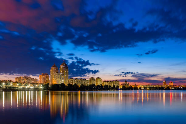 Night city Night cityscape at sunset dnieper river stock pictures, royalty-free photos & images