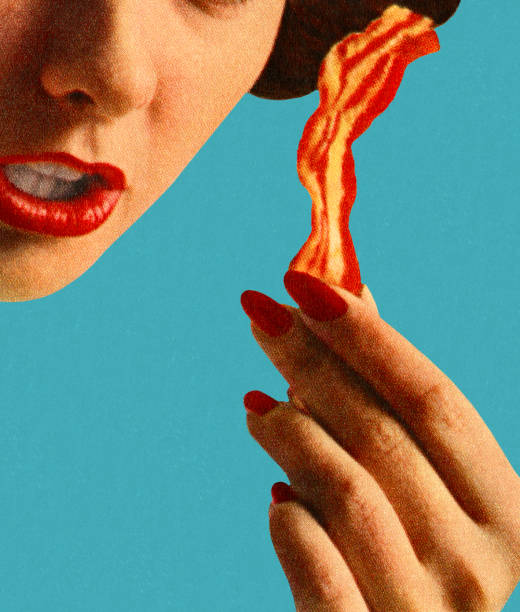 Woman Holding a Piece of Bacon Woman Holding a Piece of Bacon eating breakfast stock illustrations