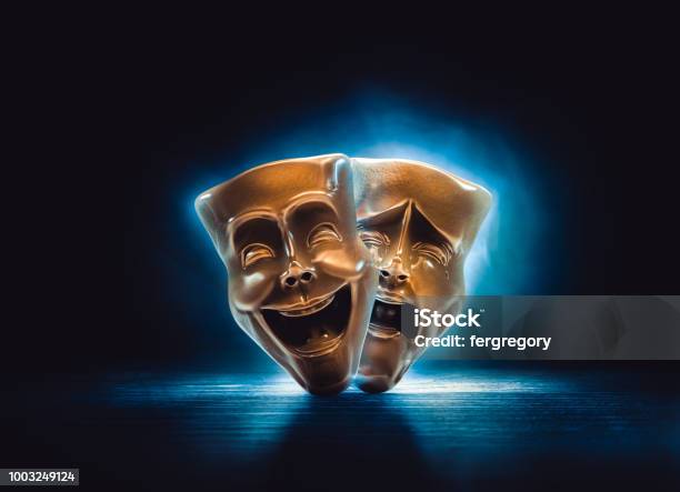 Theater Masks On A Dark Background 3d Rendering Stock Photo - Download Image Now - Theatrical Performance, Comedy Mask, Humor