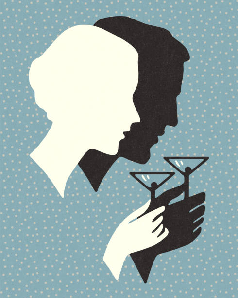 ilustraciones, imágenes clip art, dibujos animados e iconos de stock de silueta de un hombre y una mujer bebiendo un cóctel - toast party silhouette people
