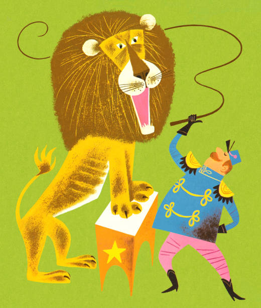 ilustraciones, imágenes clip art, dibujos animados e iconos de stock de león domador y el león - green background color image people animal