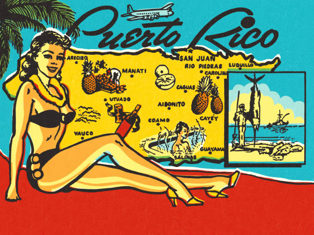 ilustraciones, imágenes clip art, dibujos animados e iconos de stock de postal de viaje puerto rico - puerto rico