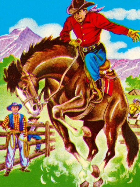 illustrazioni stock, clip art, cartoni animati e icone di tendenza di cowboy in sella a un bronco bucking - cowboy rodeo wild west bucking bronco