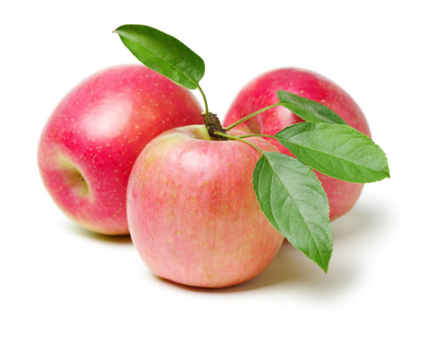 istock Ripe red apples and apple leaf isolated on white background 1003268688