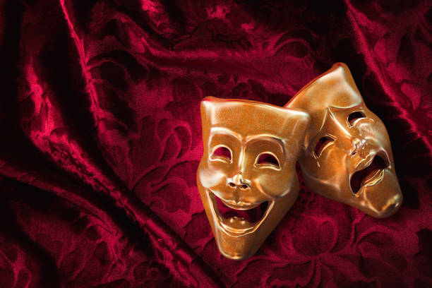 Theater masks over red curtain / 3D rendering Theater masks, drama and comedy on a red curtain / 3D Rendering, Mixed media. comedy mask stock pictures, royalty-free photos & images