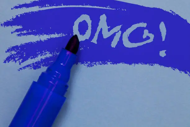 Writing note showing Omg Motivational Call. Business photo showcasing Oh my good abbreviation Modern Astonishment expression Bold blue marker colouring sketch work type idea text plain background