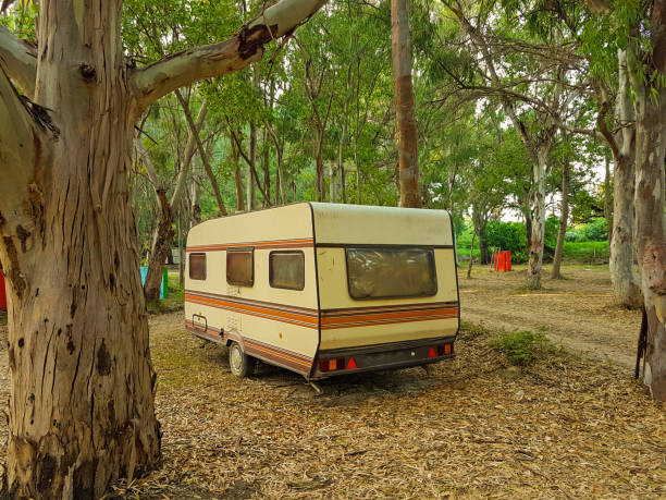 istock campinng tent forest caravan trailer  summer season 1003278126