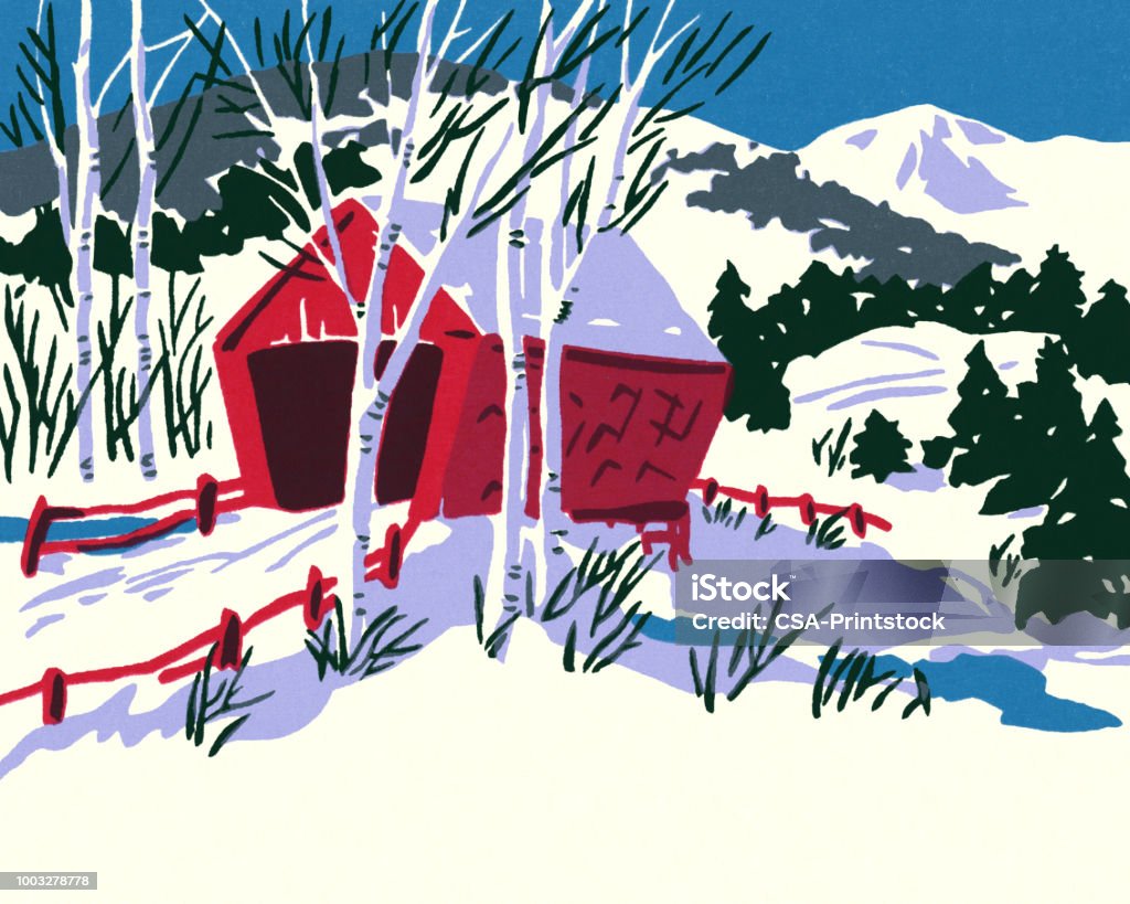 Winter Scene of a Covered Bridge Covered Bridge stock illustration