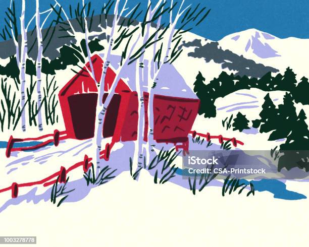 Winter Scene Of A Covered Bridge Stock Illustration - Download Image Now - Covered Bridge, Snow, Road