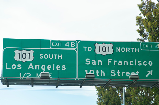 A stock photo of the US 101 road sign showing Los Angeles to the south and San Francisco to the North