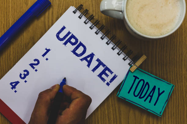 istock Handwriting text Update Motivational Call. Concept meaning Up to date with latest developments updated Mug coffee paper marker pens nice art clip paperclip daily wordlists. 1003281414