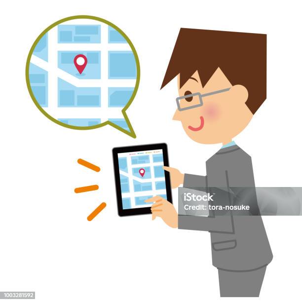 A Businessman Watching A Map On A Tablet Pc Stock Illustration - Download  Image Now - Adult, Arrival, Business - iStock