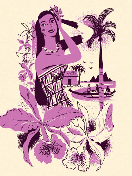 illustrazioni stock, clip art, cartoni animati e icone di tendenza di donna e fiori hawaiani - tropical climate polynesia flower pacific islands