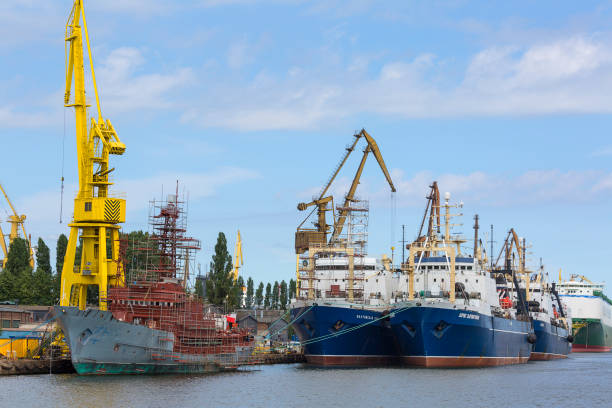 Gdansk Shipyard by Vistula river, the birthplace of polish Solidarity, Gdansk, Poland Gdansk, Poland - June 5, 2018 : Gdansk Shipyard by Vistula river, the birthplace of polish Solidarity, previously Lenin Shipyard solidarity labor union stock pictures, royalty-free photos & images