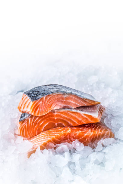 Close-up Fresh raw salmon fillets on Ice.
