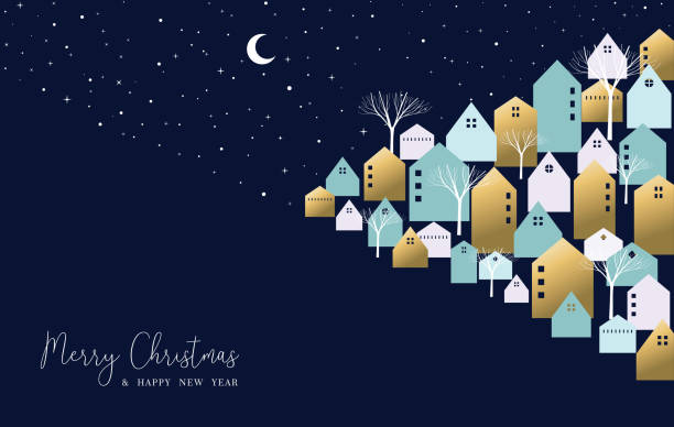 크리스마스와 새 해 겨울 마 인사말 카드 - christmas village urban scene winter stock illustrations