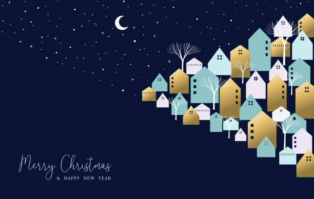 ilustrações de stock, clip art, desenhos animados e ícones de christmas and new year winter town greeting card - christmas village urban scene winter