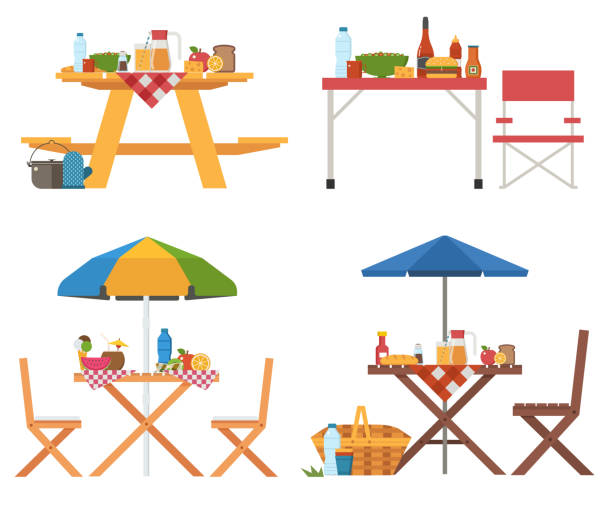 illustrations, cliparts, dessins animés et icônes de collection de tables de pique-nique estival - table de jardin