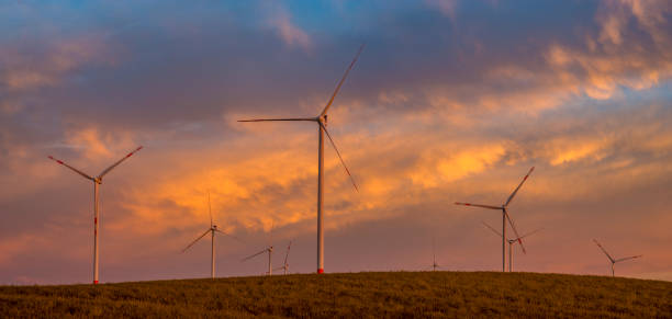 istock Wind turbines in golden sunset,panorama 1003322308