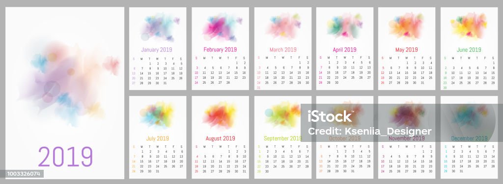 Calendario de vector diseño acuarela 2019 - arte vectorial de Calendario libre de derechos