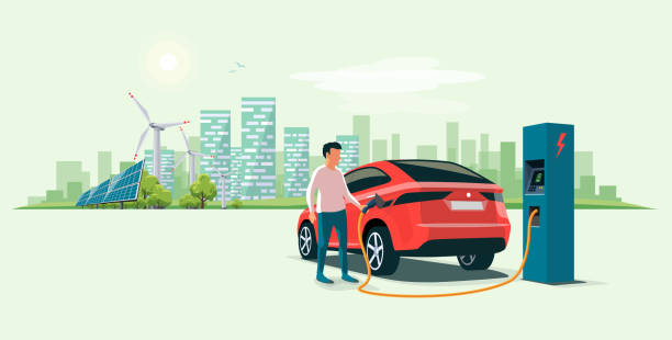 ilustrações de stock, clip art, desenhos animados e ícones de man charging an electric car suv in the eco city - electric car