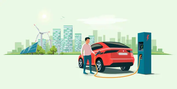 Vector illustration of Man Charging an Electric Car Suv in the Eco City