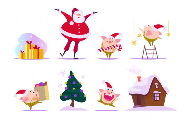 stockillustraties, clipart, cartoons en iconen met vector set van vlakke elementen van de kerst - grappig varkentje elf in santa hat, gelukkig santa claus, gember huis, fir tree, van geschenkdozen - xmas tree