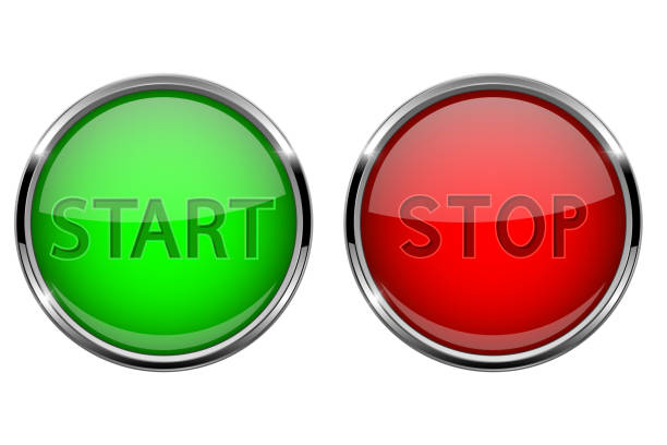 istock Start and Stop glass buttons. Round shiny green and red web icons with metal frame 1003329328